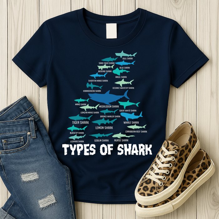 Types Of Shark Megalodon Great White Nurse Shark Womens T-Shirt