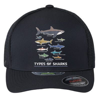 Types of Shark Megalodon Great White Nurse Shark Flexfit Unipanel Trucker Cap