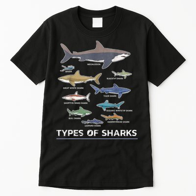 Types of Shark Megalodon Great White Nurse Shark Tall T-Shirt