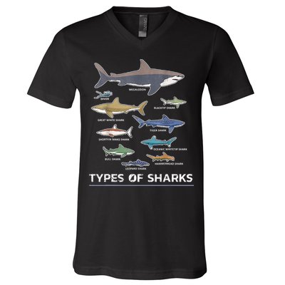 Types of Shark Megalodon Great White Nurse Shark V-Neck T-Shirt