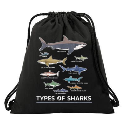 Types of Shark Megalodon Great White Nurse Shark Drawstring Bag