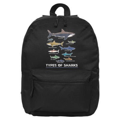 Types of Shark Megalodon Great White Nurse Shark 16 in Basic Backpack