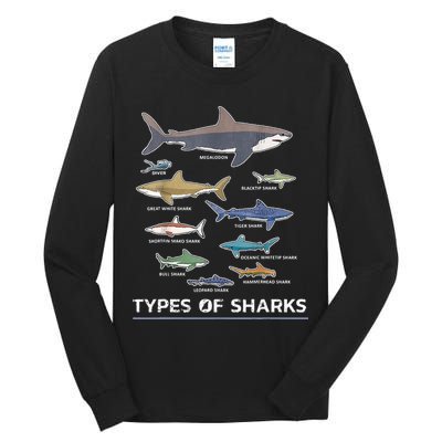 Types of Shark Megalodon Great White Nurse Shark Tall Long Sleeve T-Shirt