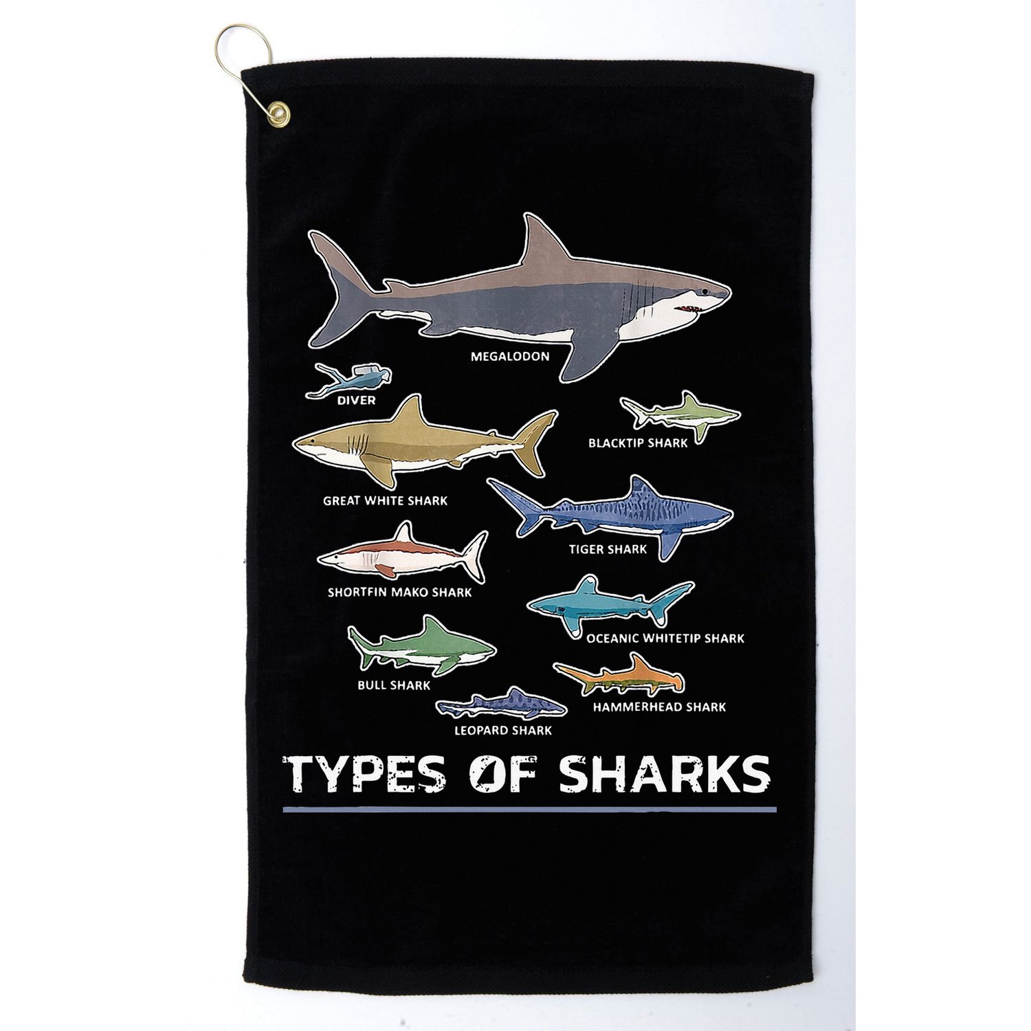 Types of Shark Megalodon Great White Nurse Shark Golf Towel