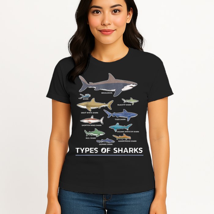 Types of Shark Megalodon Great White Nurse Shark Womens T-Shirt
