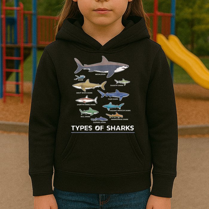 Types of Shark Megalodon Great White Nurse Shark Kids Hoodie