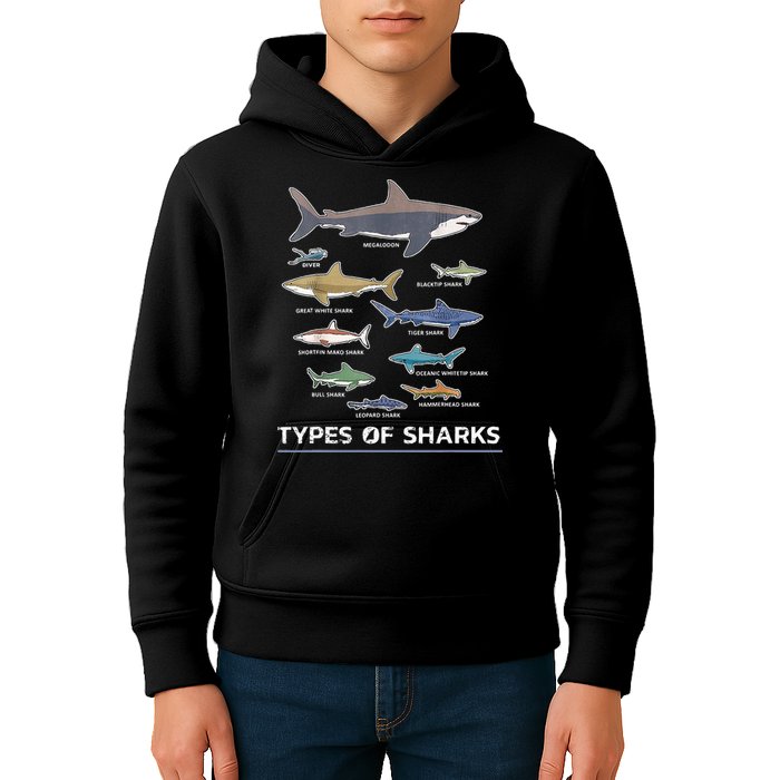 Types of Shark Megalodon Great White Nurse Shark Kids Hoodie