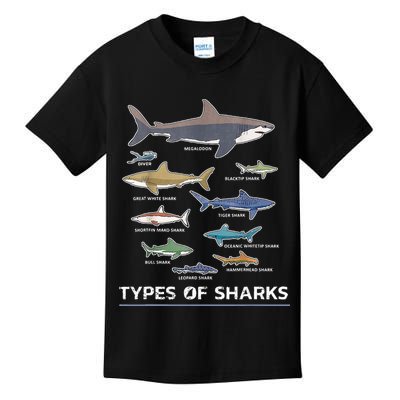 Types of Shark Megalodon Great White Nurse Shark Kids T-Shirt