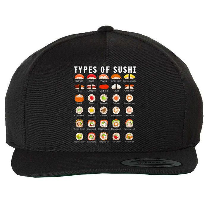 Types Of Sushi Sushi Nigiri Sashimi Salmon Wool Snapback Cap