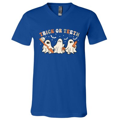 Trick Or Teeth Funny Boo Retro Groovy Style Dental Halloween Gift V-Neck T-Shirt