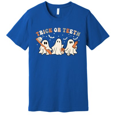 Trick Or Teeth Funny Boo Retro Groovy Style Dental Halloween Gift Premium T-Shirt