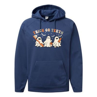 Trick Or Teeth Funny Boo Retro Groovy Style Dental Halloween Gift Performance Fleece Hoodie