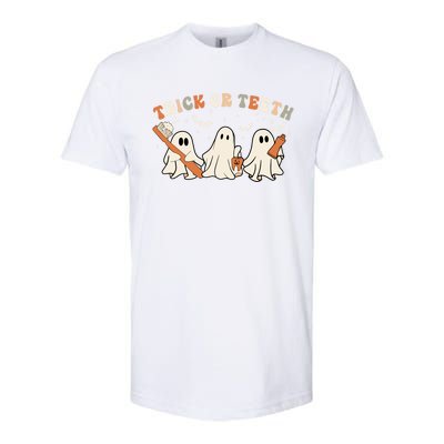 Trick Or Teeth Funny Boo Retro Groovy Style Dental Halloween Gift Softstyle CVC T-Shirt