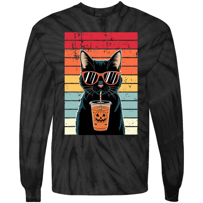 Trick Or Treat Black Cat Hipster Funny Halloween Black Cat Tie-Dye Long Sleeve Shirt