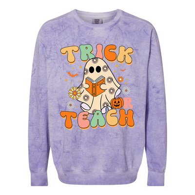 Trick Or Teach Teacher Groovy Halloween Retro Floral Ghost Colorblast Crewneck Sweatshirt