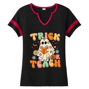 Trick Or Teach Teacher Groovy Halloween Retro Floral Ghost Ladies Halftime Notch Neck Tee