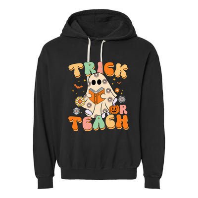 Trick Or Teach Teacher Groovy Halloween Retro Floral Ghost Garment-Dyed Fleece Hoodie