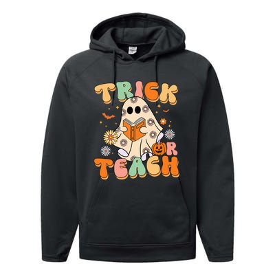 Trick Or Teach Teacher Groovy Halloween Retro Floral Ghost Performance Fleece Hoodie