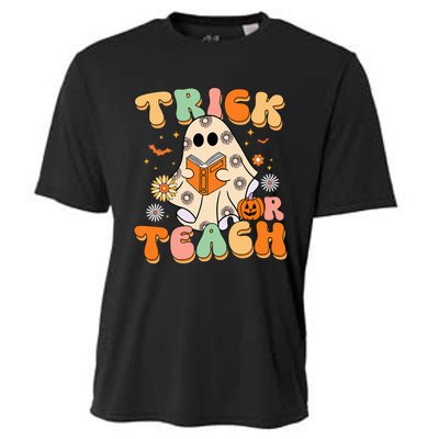 Trick Or Teach Teacher Groovy Halloween Retro Floral Ghost Cooling Performance Crew T-Shirt