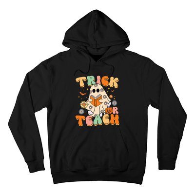 Trick Or Teach Teacher Groovy Halloween Retro Floral Ghost Hoodie