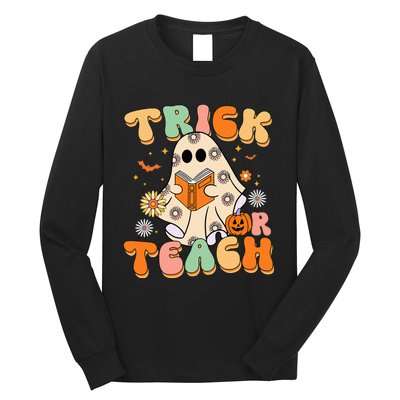 Trick Or Teach Teacher Groovy Halloween Retro Floral Ghost Long Sleeve Shirt