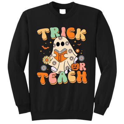 Trick Or Teach Teacher Groovy Halloween Retro Floral Ghost Sweatshirt