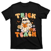 Trick Or Teach Teacher Groovy Halloween Retro Floral Ghost T-Shirt