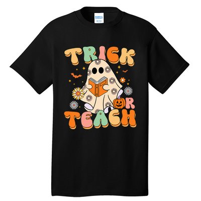 Trick Or Teach Teacher Groovy Halloween Retro Floral Ghost Tall T-Shirt