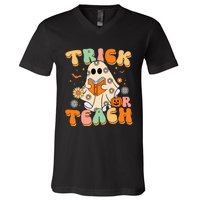 Trick Or Teach Teacher Groovy Halloween Retro Floral Ghost V-Neck T-Shirt