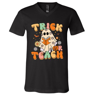 Trick Or Teach Teacher Groovy Halloween Retro Floral Ghost V-Neck T-Shirt