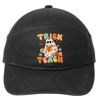 Trick Or Teach Teacher Groovy Halloween Retro Floral Ghost 7-Panel Snapback Hat