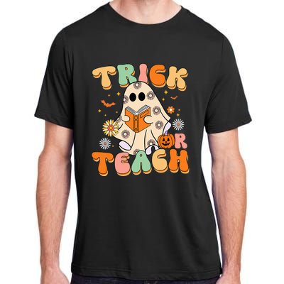 Trick Or Teach Teacher Groovy Halloween Retro Floral Ghost Adult ChromaSoft Performance T-Shirt