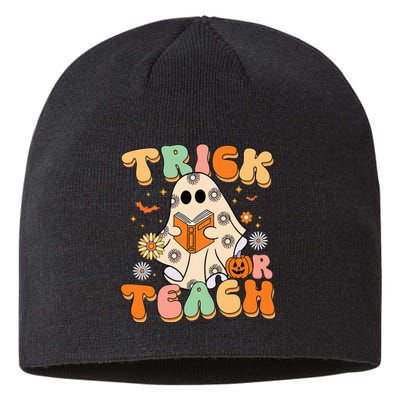 Trick Or Teach Teacher Groovy Halloween Retro Floral Ghost Sustainable Beanie