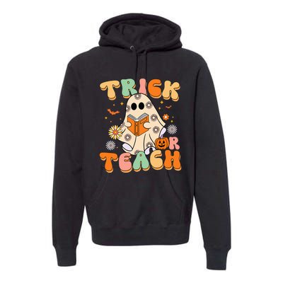 Trick Or Teach Teacher Groovy Halloween Retro Floral Ghost Premium Hoodie