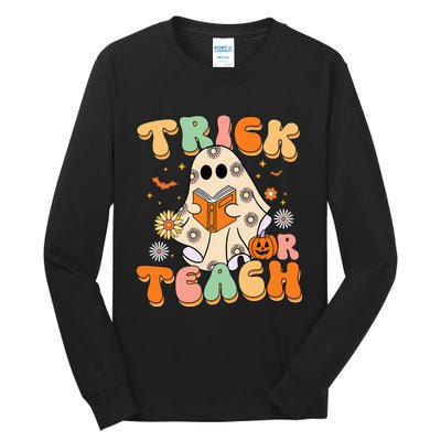 Trick Or Teach Teacher Groovy Halloween Retro Floral Ghost Tall Long Sleeve T-Shirt