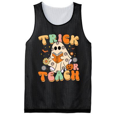 Trick Or Teach Teacher Groovy Halloween Retro Floral Ghost Mesh Reversible Basketball Jersey Tank