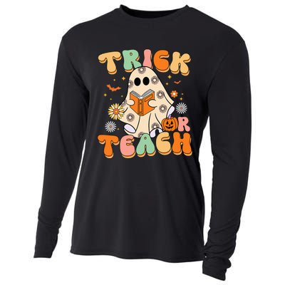 Trick Or Teach Teacher Groovy Halloween Retro Floral Ghost Cooling Performance Long Sleeve Crew