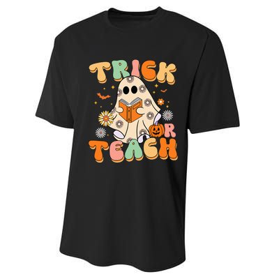 Trick Or Teach Teacher Groovy Halloween Retro Floral Ghost Performance Sprint T-Shirt