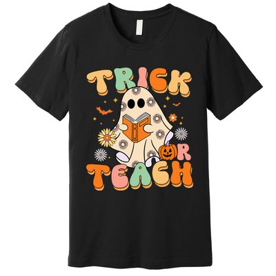 Trick Or Teach Teacher Groovy Halloween Retro Floral Ghost Premium T-Shirt