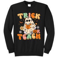 Trick Or Teach Teacher Groovy Halloween Retro Floral Ghost Tall Sweatshirt