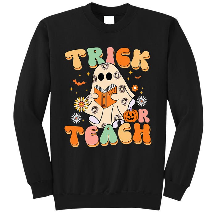 Trick Or Teach Teacher Groovy Halloween Retro Floral Ghost Tall Sweatshirt