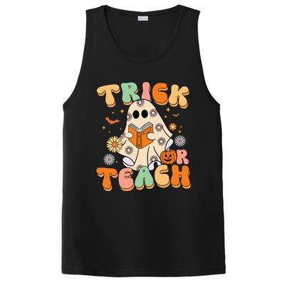 Trick Or Teach Teacher Groovy Halloween Retro Floral Ghost PosiCharge Competitor Tank