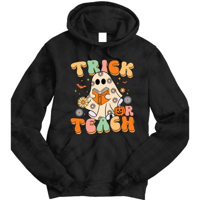 Trick Or Teach Teacher Groovy Halloween Retro Floral Ghost Tie Dye Hoodie