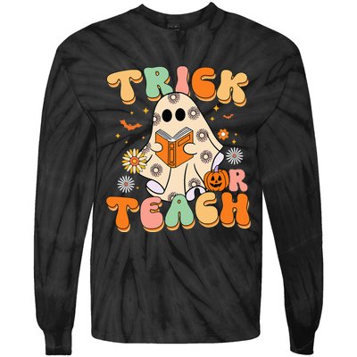 Trick Or Teach Teacher Groovy Halloween Retro Floral Ghost Tie-Dye Long Sleeve Shirt