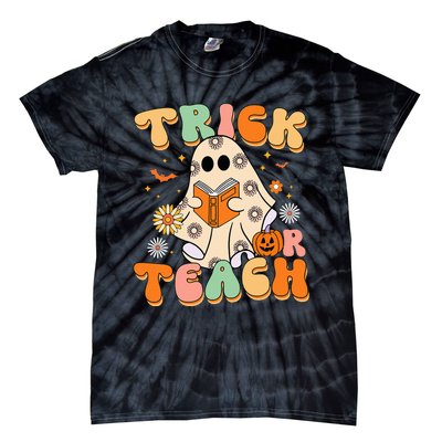 Trick Or Teach Teacher Groovy Halloween Retro Floral Ghost Tie-Dye T-Shirt