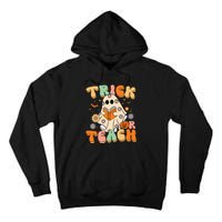 Trick Or Teach Teacher Groovy Halloween Retro Floral Ghost Tall Hoodie