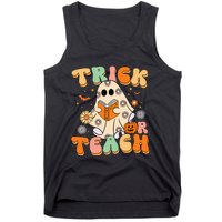 Trick Or Teach Teacher Groovy Halloween Retro Floral Ghost Tank Top