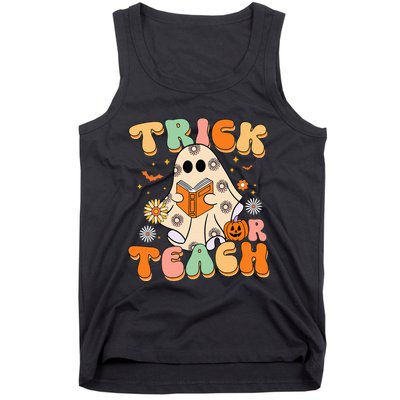 Trick Or Teach Teacher Groovy Halloween Retro Floral Ghost Tank Top