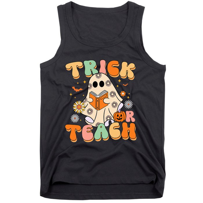 Trick Or Teach Teacher Groovy Halloween Retro Floral Ghost Tank Top