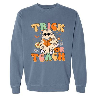 Trick Or Teach Teacher Groovy Halloween Retro Floral Ghost Garment-Dyed Sweatshirt